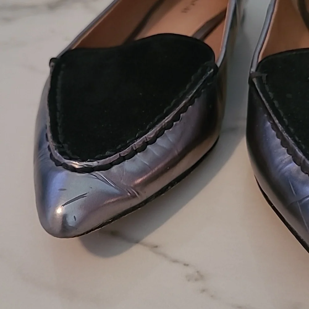 Coach Walsh Silver Metallic Mirror Leather Black Suede Pointed Toe Flats Shoes 6